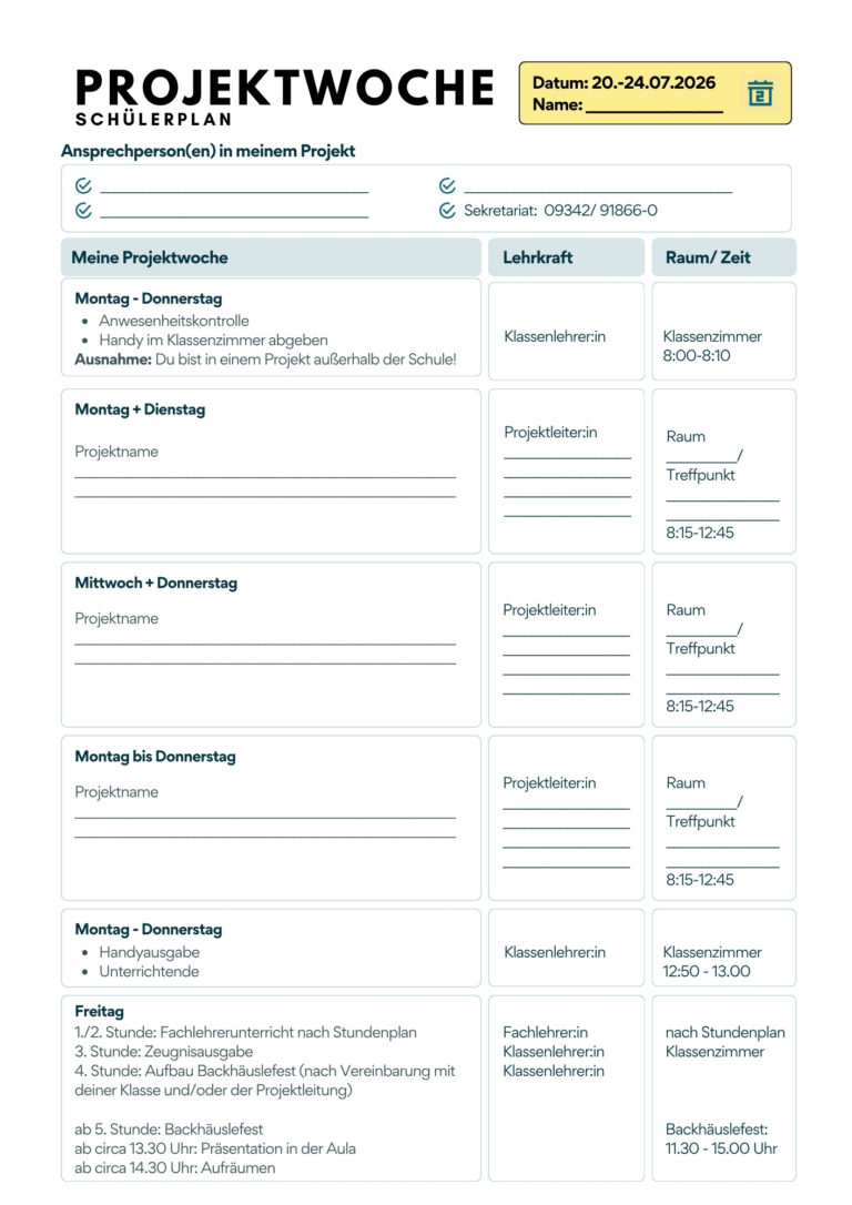 Schülerplan - Projektwoche